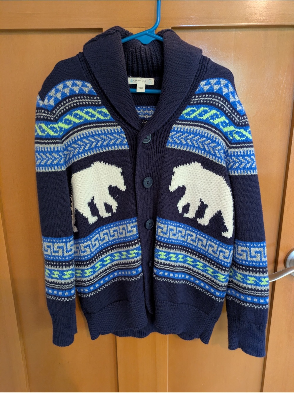 Crewcuts Navy Shawl Collar Polar Bear Pattern Cardigan. Size S, 6-7.